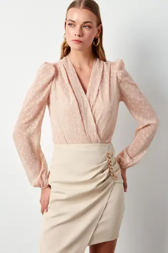 Patterned Crossover Bodysuit Blouse - Powder-Powder - 1