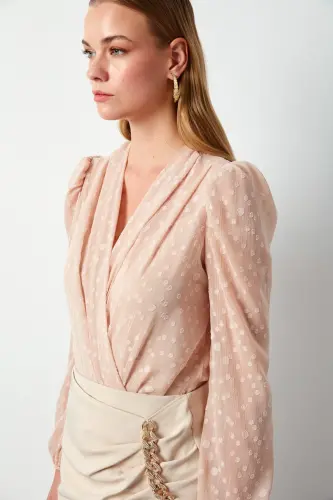 Patterned Crossover Bodysuit Blouse - Powder-Powder - SATEEN (1)