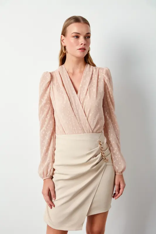 Patterned Crossover Bodysuit Blouse - Powder-Powder - 3