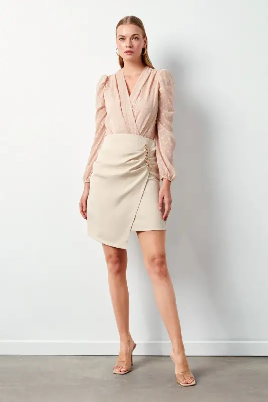 Patterned Crossover Bodysuit Blouse - Powder-Powder - 4