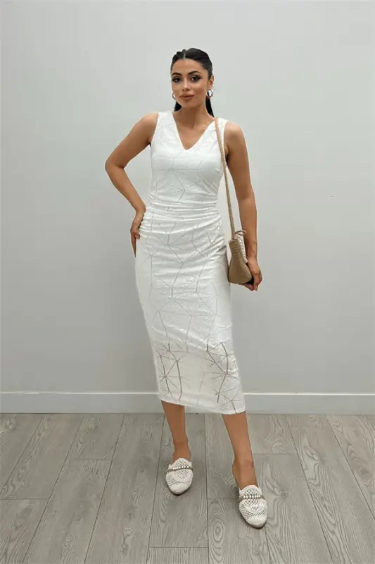 Patterned Lace Fabric Pencil Dress - WHITE - 1