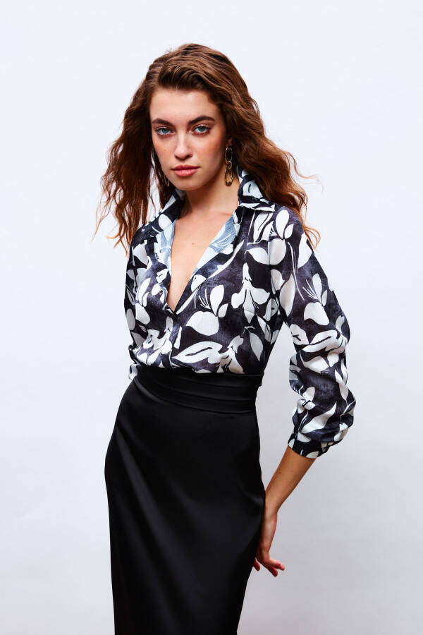 Patterned Long Shirt - BLACK - 1