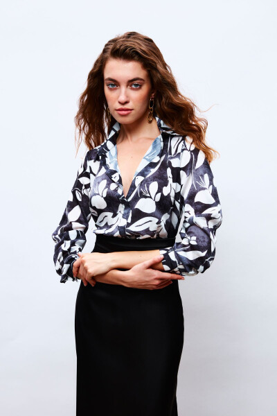 Patterned Long Shirt - BLACK - 4