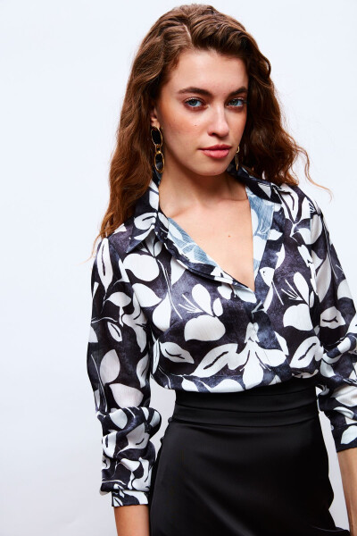 Patterned Long Shirt - BLACK - 5