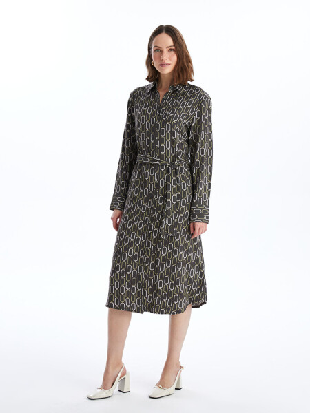 Patterned Long-Sleeved Women's Shirt Dress - 15