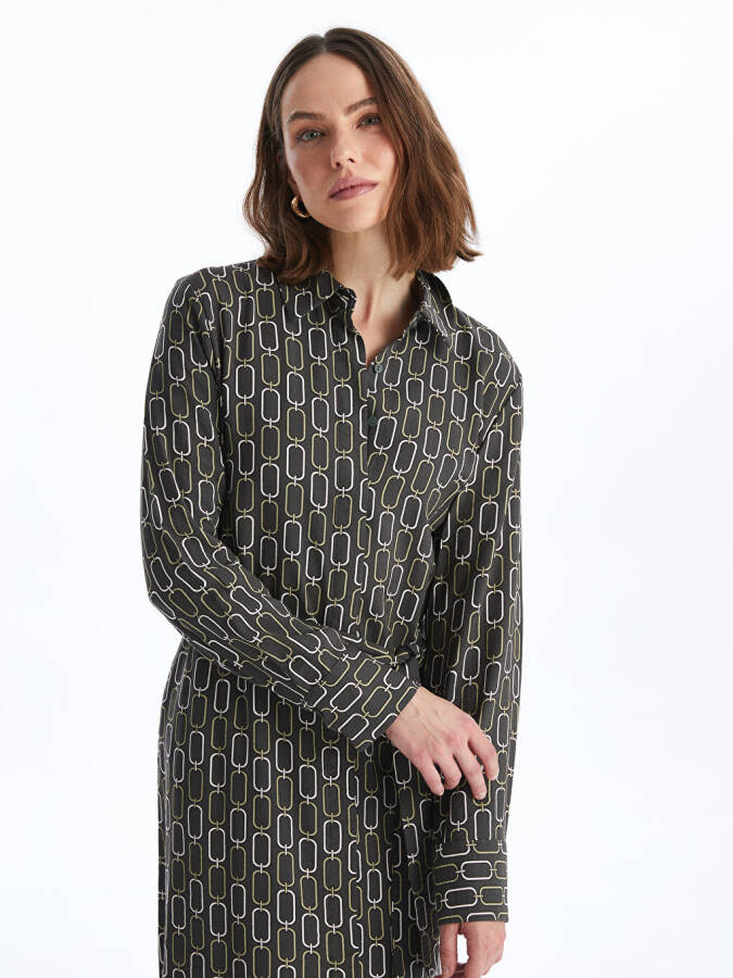 Patterned Long-Sleeved Women's Shirt Dress - 16