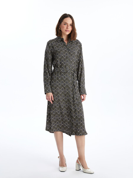 Patterned Long-Sleeved Women's Shirt Dress - 17