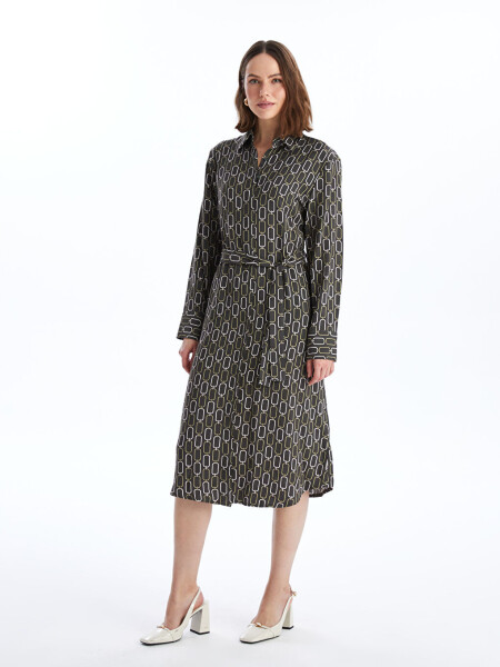 Patterned Long-Sleeved Women's Shirt Dress - 1