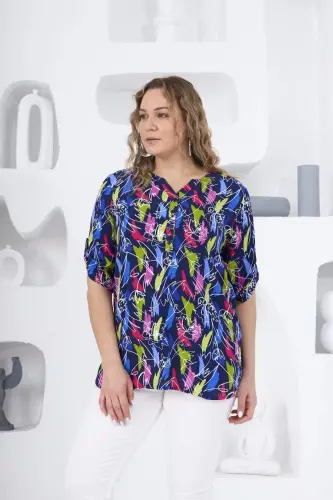 Patterned Navy Blue Plus Size Blouse - 1