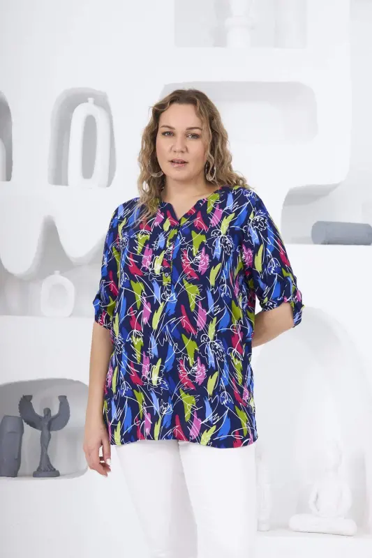 Patterned Navy Blue Plus Size Blouse - 7