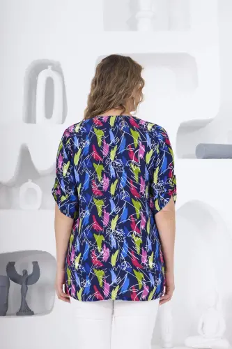 Patterned Navy Blue Plus Size Blouse - 8