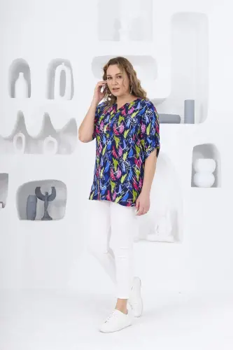 Patterned Navy Blue Plus Size Blouse - 6
