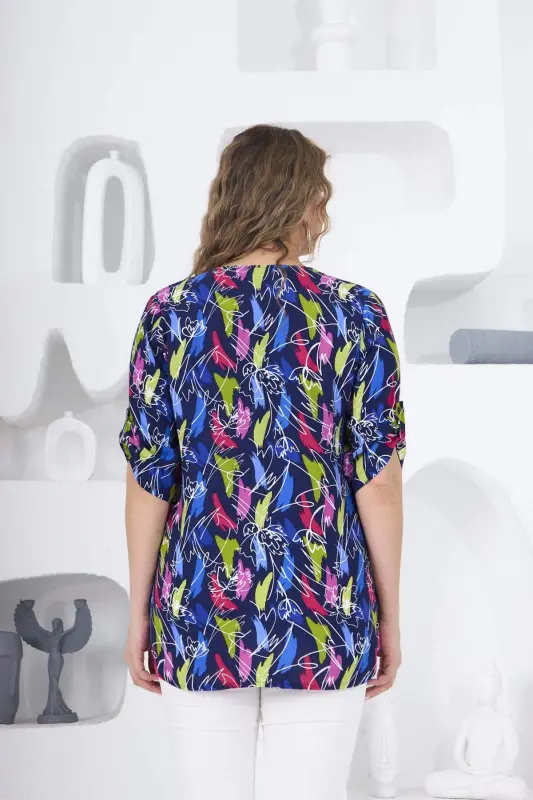 Patterned Navy Blue Plus Size Blouse - 4