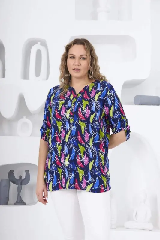 Patterned Navy Blue Plus Size Blouse - 2