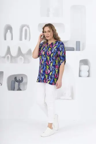 Patterned Navy Blue Plus Size Blouse - 5