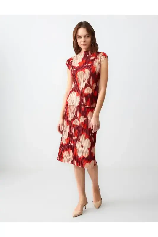 Patterned Normal Waist Floral Patterned Knitted Midi Skirt - JIMMY KEY