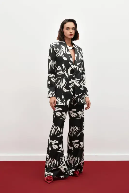 Patterned Oversized Satin Jacket - BLACK - 1