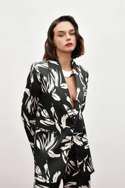 Patterned Oversized Satin Jacket - BLACK - 3