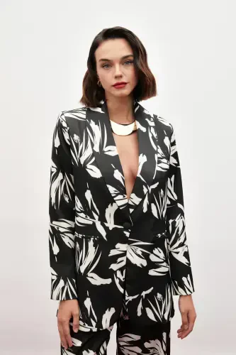 Patterned Oversized Satin Jacket - BLACK - 4