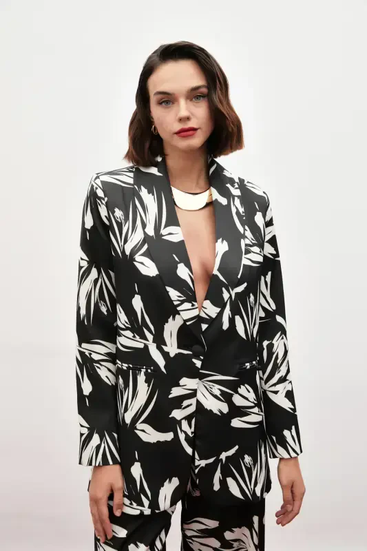 Patterned Oversized Satin Jacket - BLACK - 4
