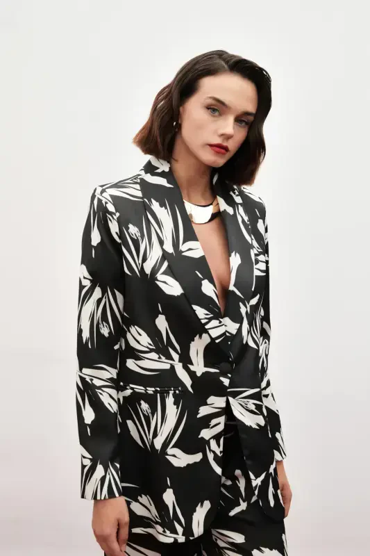 Patterned Oversized Satin Jacket - BLACK - 5