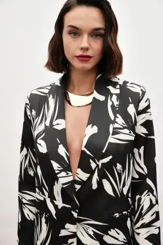 Patterned Oversized Satin Jacket - BLACK - 6