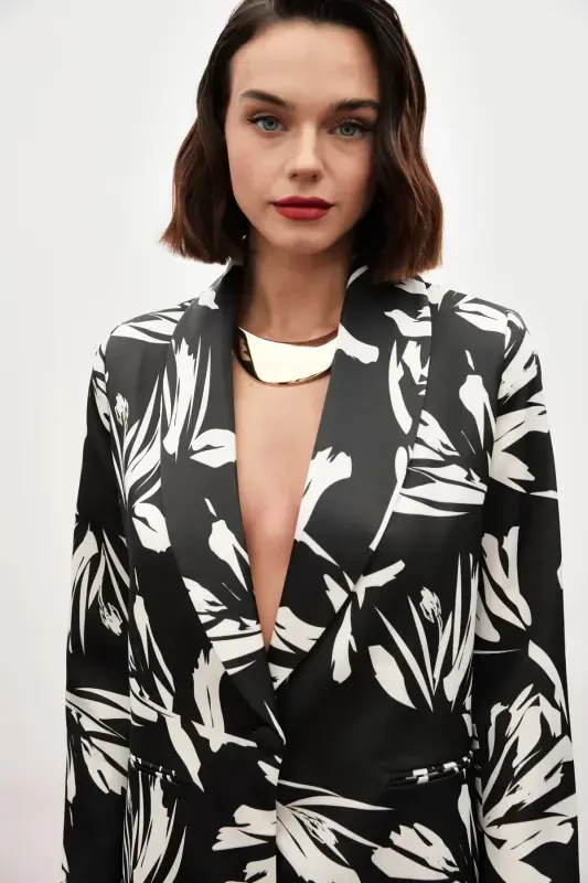 Patterned Oversized Satin Jacket - BLACK - 6