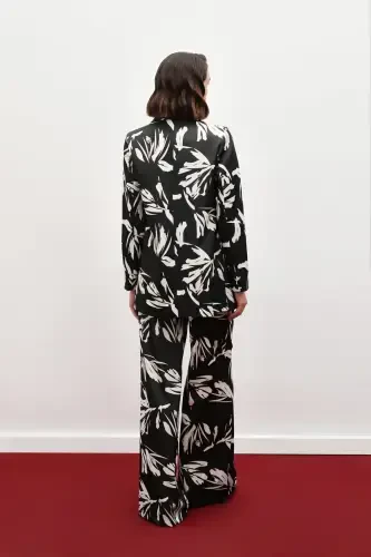 Patterned Oversized Satin Jacket - BLACK - 8