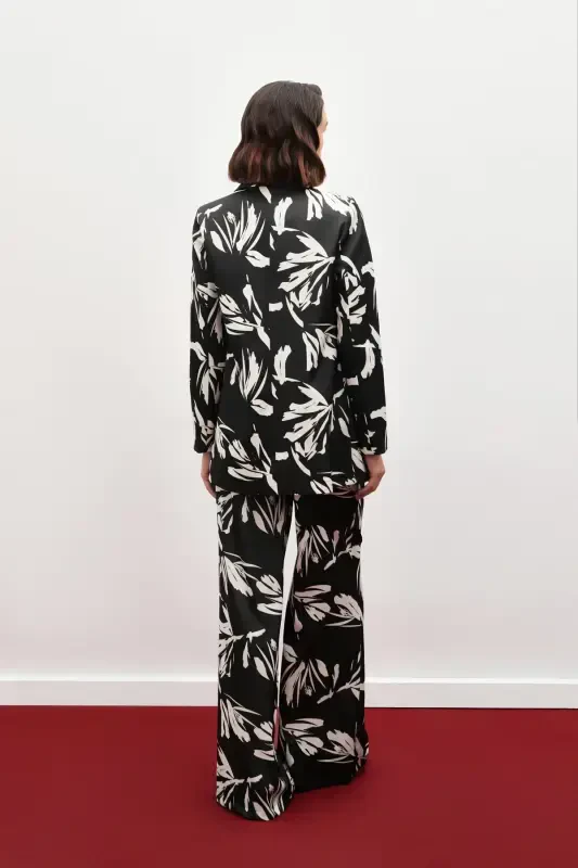 Patterned Oversized Satin Jacket - BLACK - 8