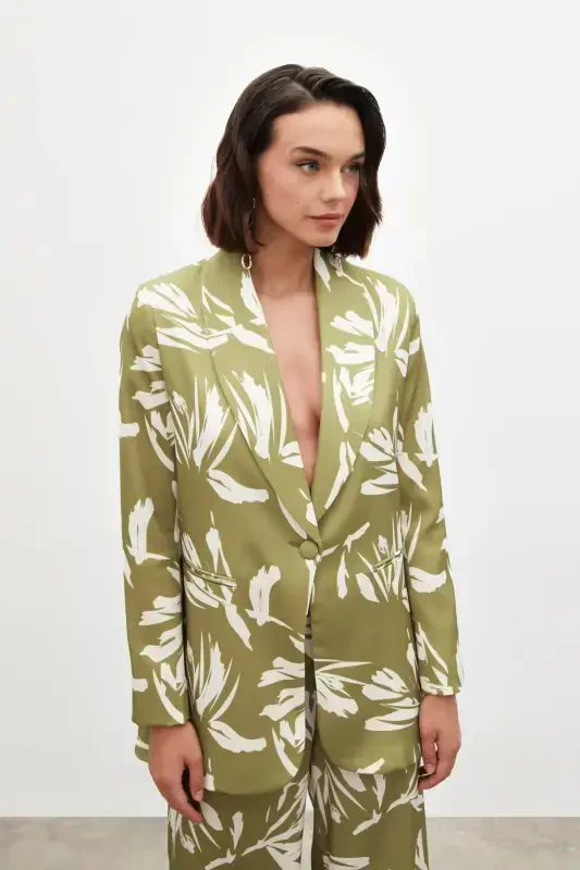 Patterned Oversized Satin Jacket - GREEN - 1