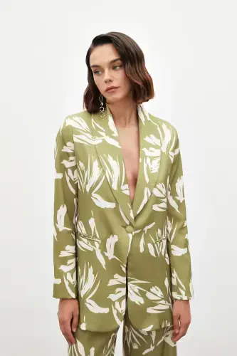 Patterned Oversized Satin Jacket - GREEN - 3