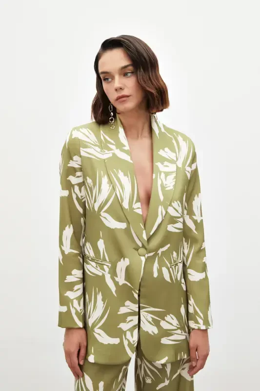 Patterned Oversized Satin Jacket - GREEN - 3