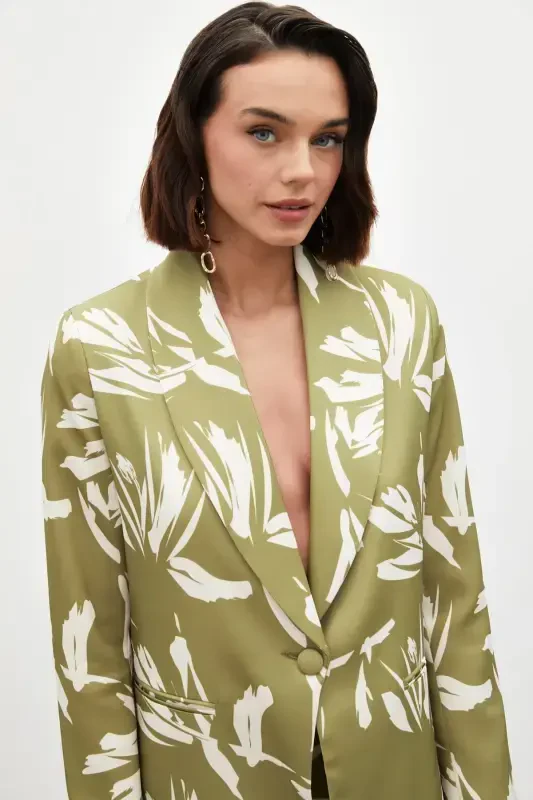 Patterned Oversized Satin Jacket - GREEN - 4