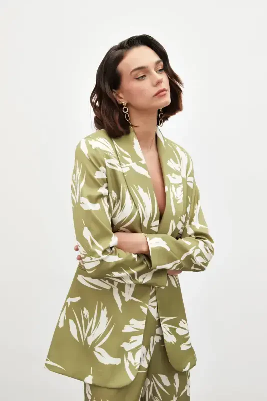 Patterned Oversized Satin Jacket - GREEN - 5
