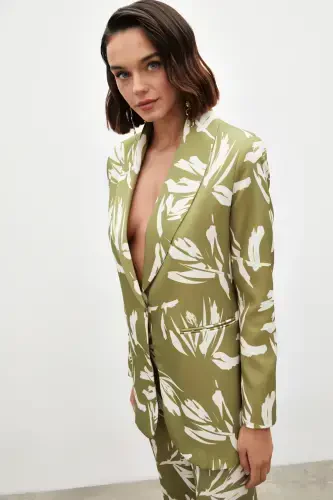 Patterned Oversized Satin Jacket - GREEN - 6