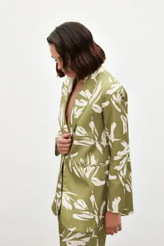 Patterned Oversized Satin Jacket - GREEN - 7
