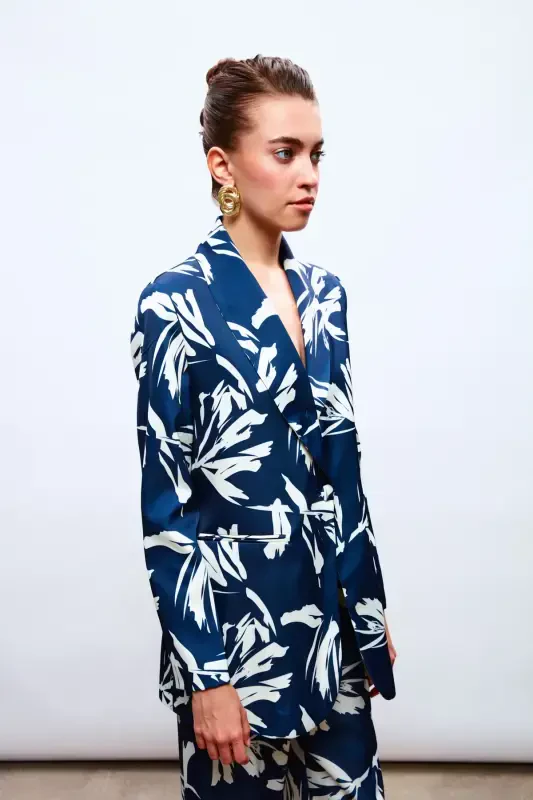 Patterned Oversized Satin Jacket - NAVY - 3