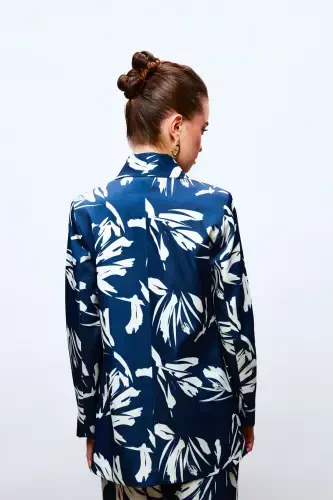 Patterned Oversized Satin Jacket - NAVY - 5