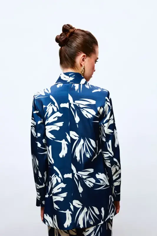 Patterned Oversized Satin Jacket - NAVY - 5