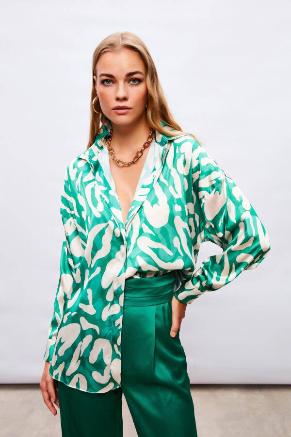 Patterned Oversized Shirt - GREEN - 1