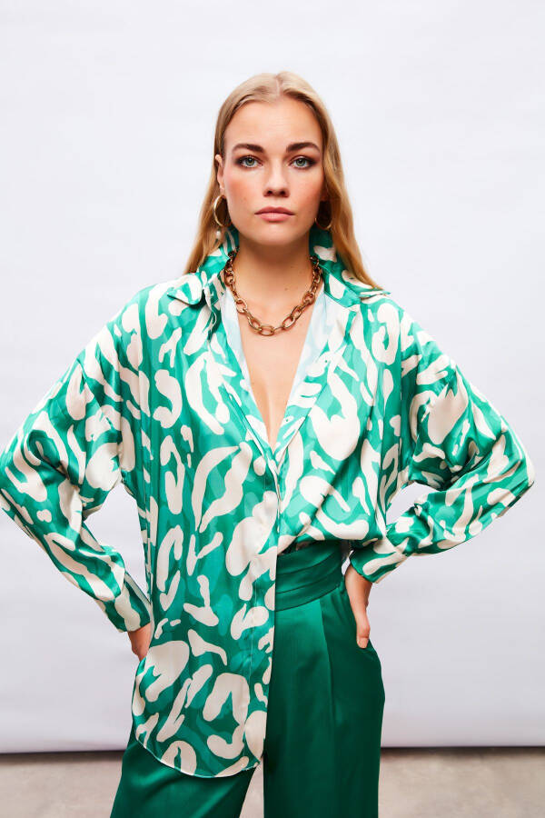 Patterned Oversized Shirt - GREEN - 4