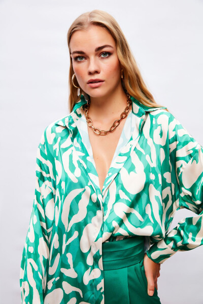 Patterned Oversized Shirt - GREEN - 5