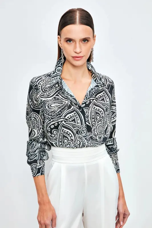 Patterned Plain Shirt - BLACK-BLACK - 1