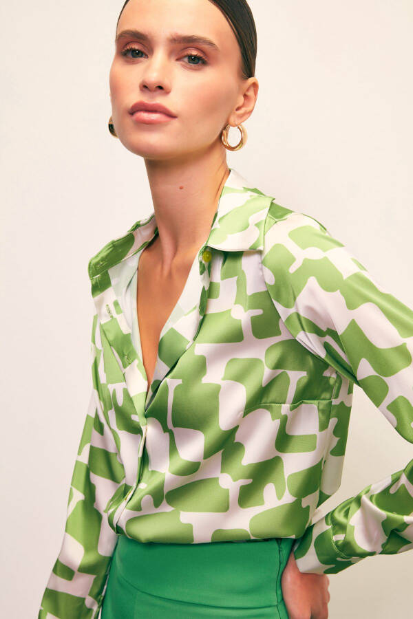 Patterned Plain Shirt - GREEN - 1