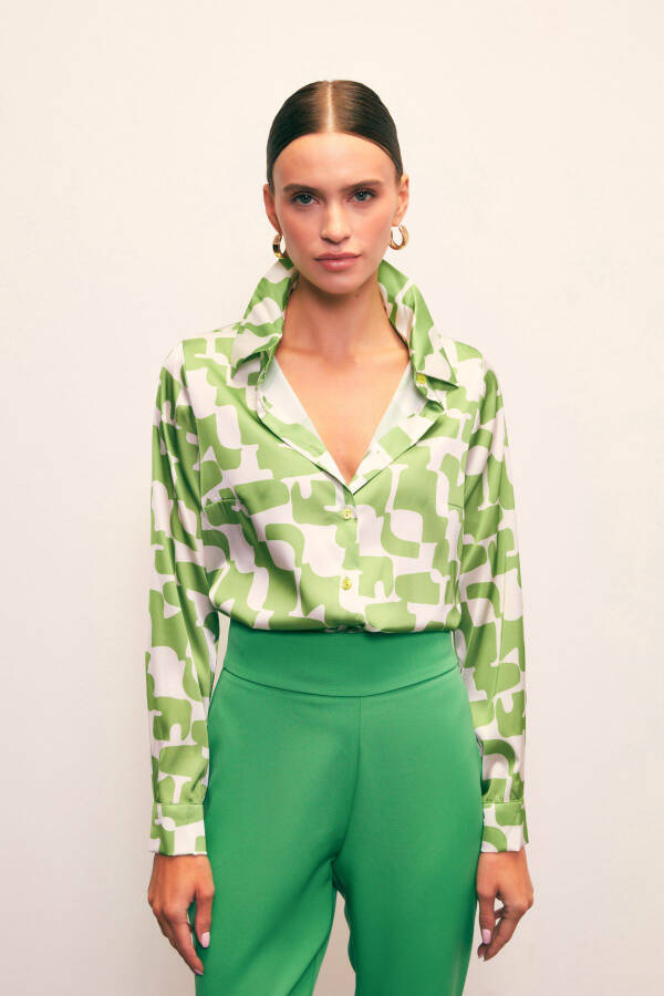 Patterned Plain Shirt - GREEN - 2