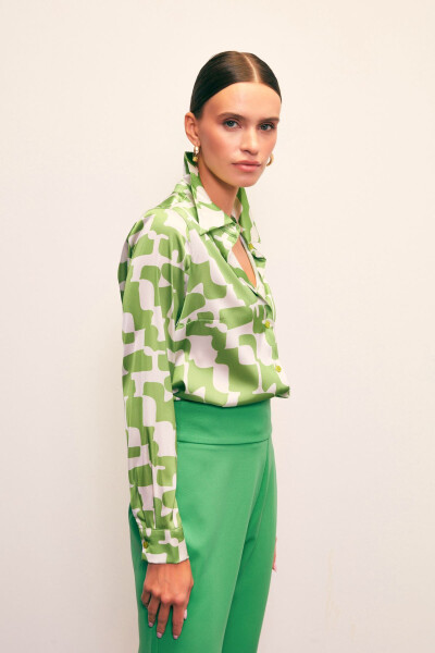 Patterned Plain Shirt - GREEN - 3