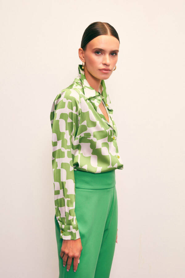 Patterned Plain Shirt - GREEN - 3