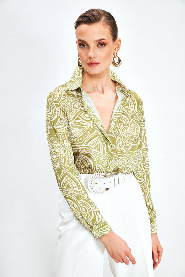 Patterned Plain Shirt - OLIVE GREEN - 1