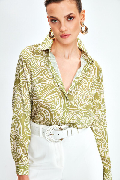 Patterned Plain Shirt - OLIVE GREEN - 3