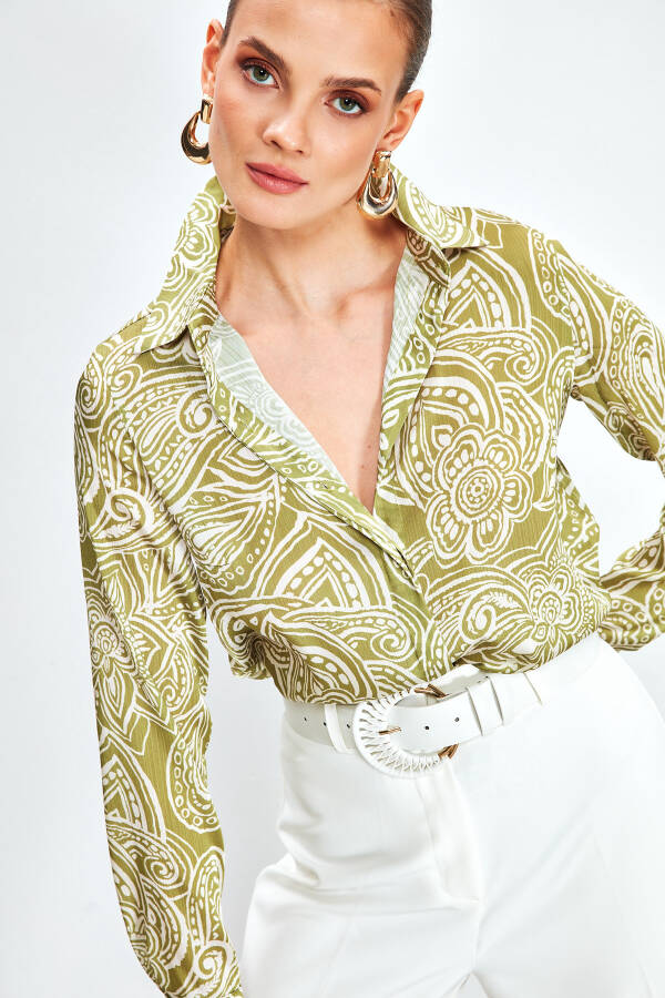 Patterned Plain Shirt - OLIVE GREEN - 10